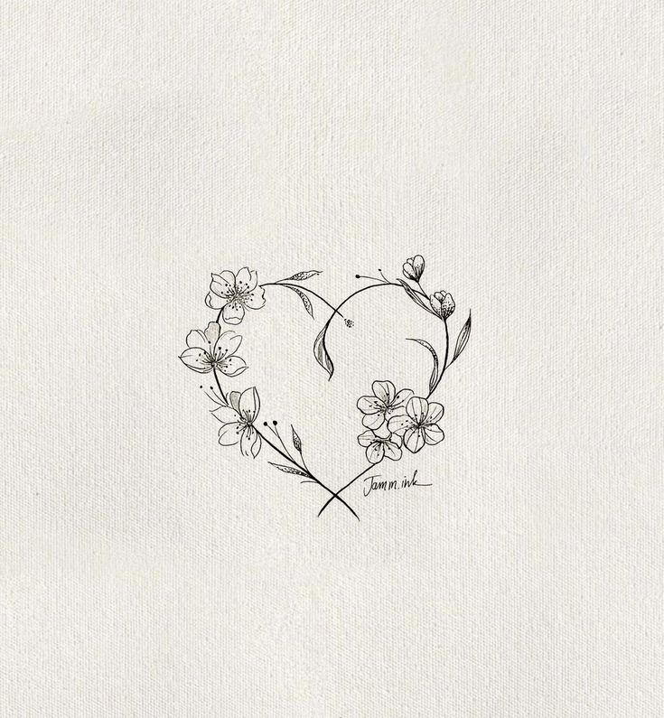 a drawing of a heart with flowers in the shape of a flower on it's side