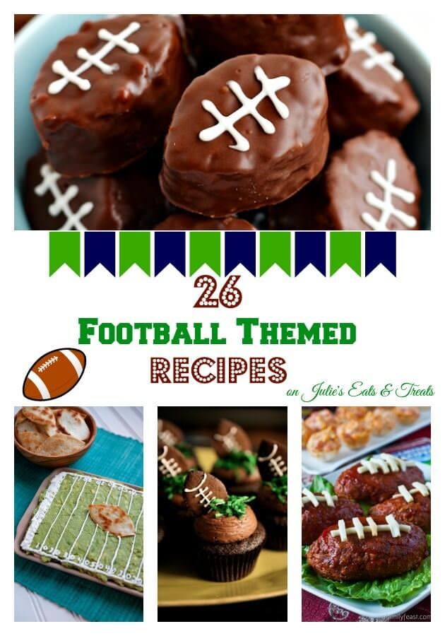 football themed desserts and treats are featured in this collage with the words 25 football themed recipes