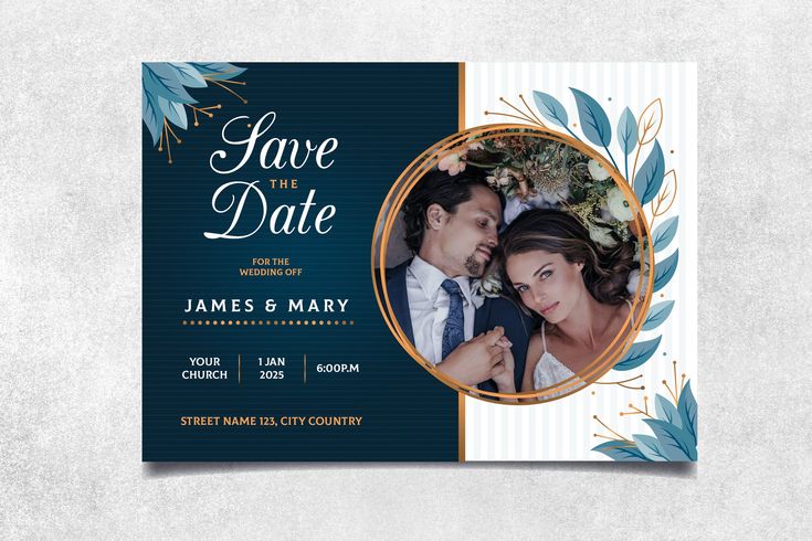 an elegant save the date card with blue leaves and gold foil on it, featuring a photo of a bride and groom