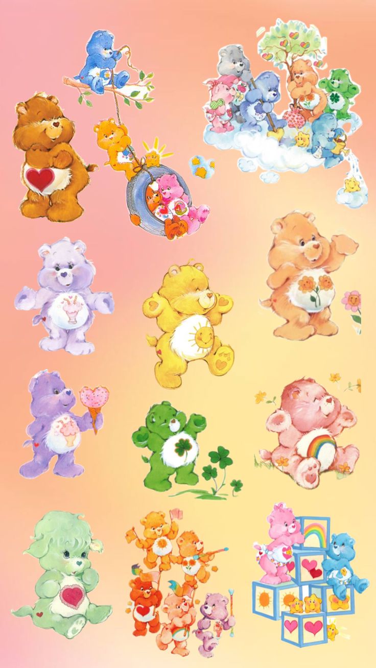 a group of teddy bears sitting next to each other on a pink and yellow background