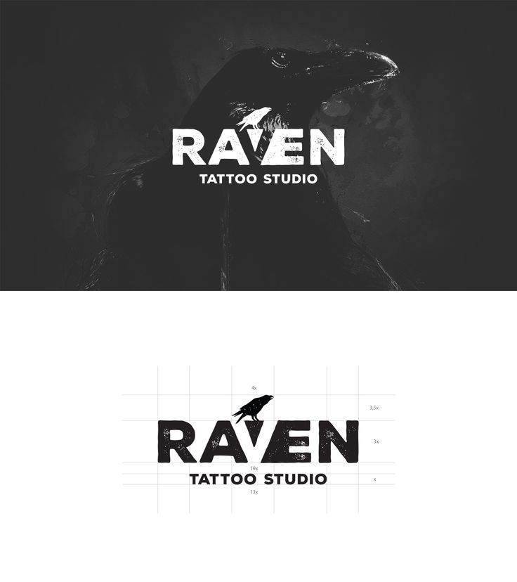 the raven tattoo studio logo is shown in black and white, with an image of a bird