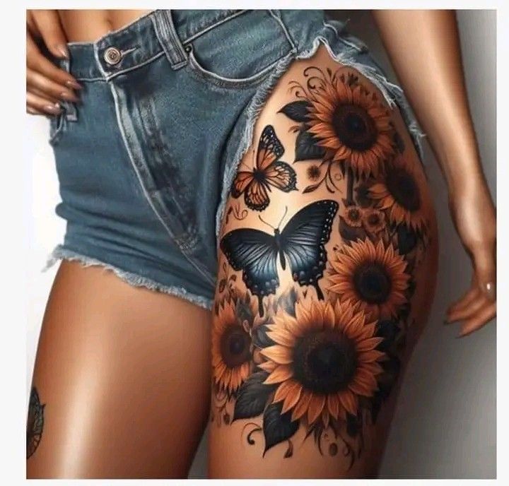 a woman's thigh with sunflowers and butterflies on it