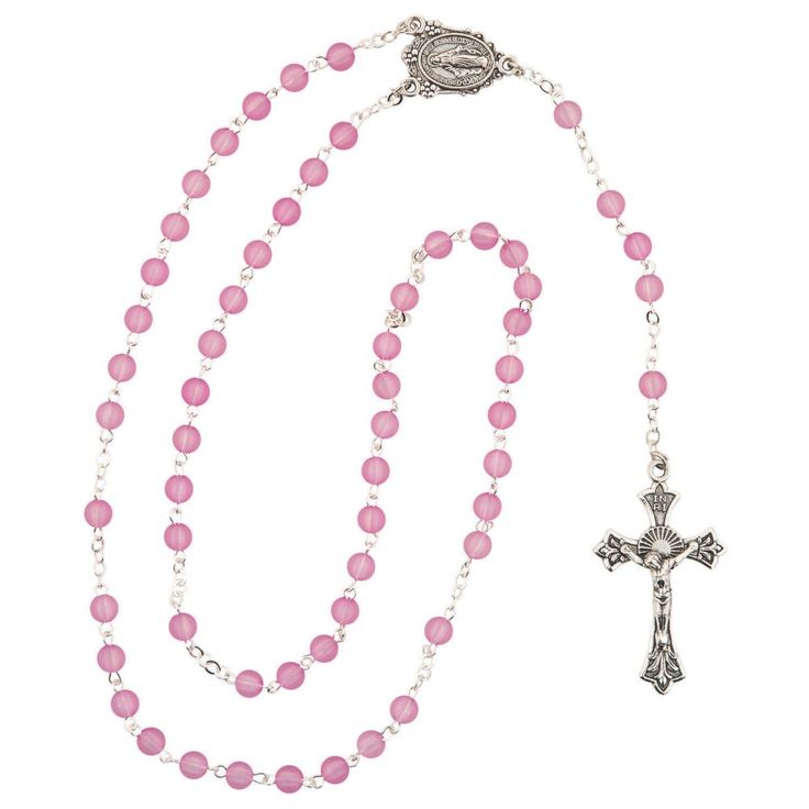 This light amethyst rosary definitely is pretty in pink, and it's a perfect religious gift for a First Communion, baptism or June birthday! Give it to a loved one exploring their faith as a prayer aid and religious keepsake for years to come. Metal. 18 3/4" Meditation Beads Mala, Rosary Jewelry, Catholic Necklace, Hat Aesthetic, Happy Birthday Wishes Cake, Colored Stone Rings, June Birthday, Rosary Beads Catholic, Communion Gifts