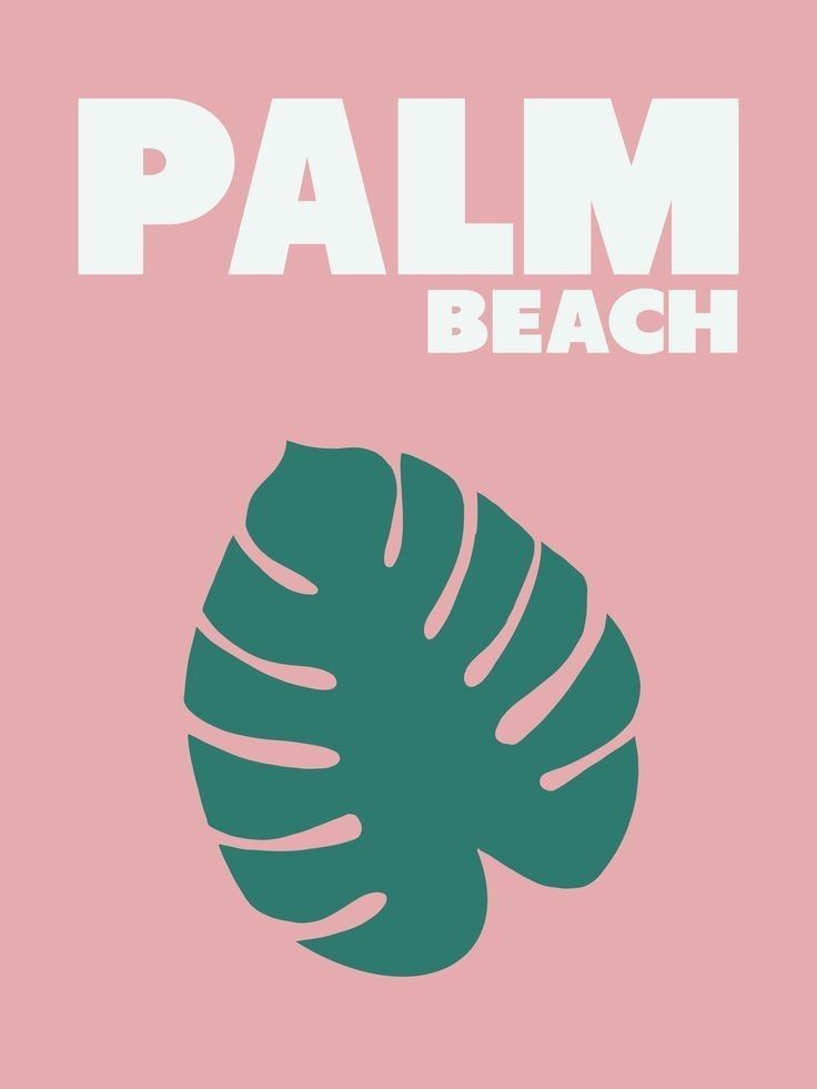 a pink poster with the words palm beach in white letters on it and a green leaf