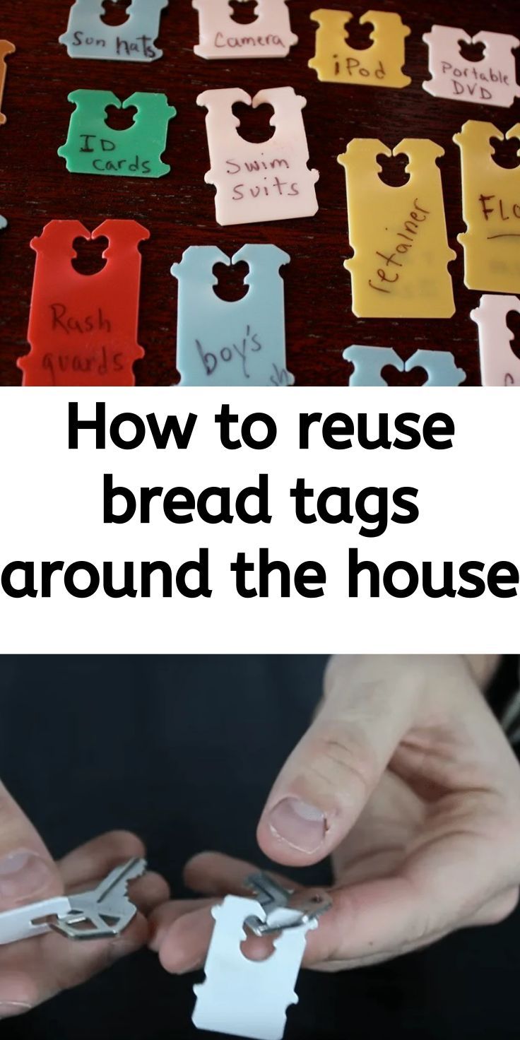 two photos with the words how to reuse bread tags around the house and someone holding them in their hands