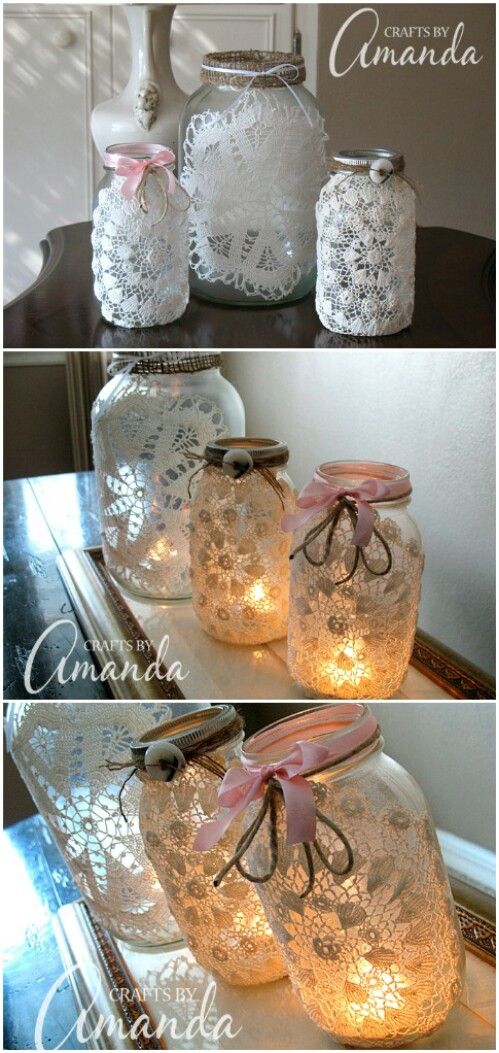 mason jars with lace doily and lights in them