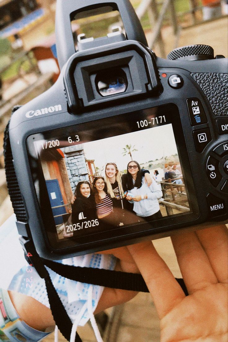 a person is holding up a camera to take a picture with their friends on it