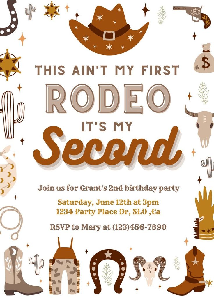 this is an image of a birthday party with cowboy themed items and the words rodeo it's my second