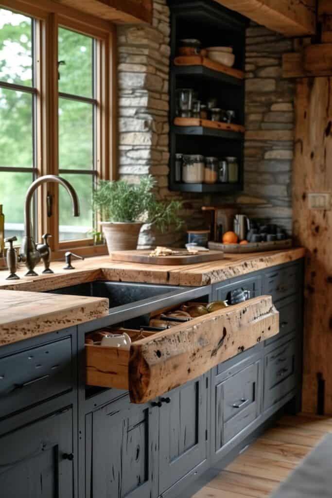 a rustic kitchen with wooden cabinets and counter tops is pictured in this image from the inside