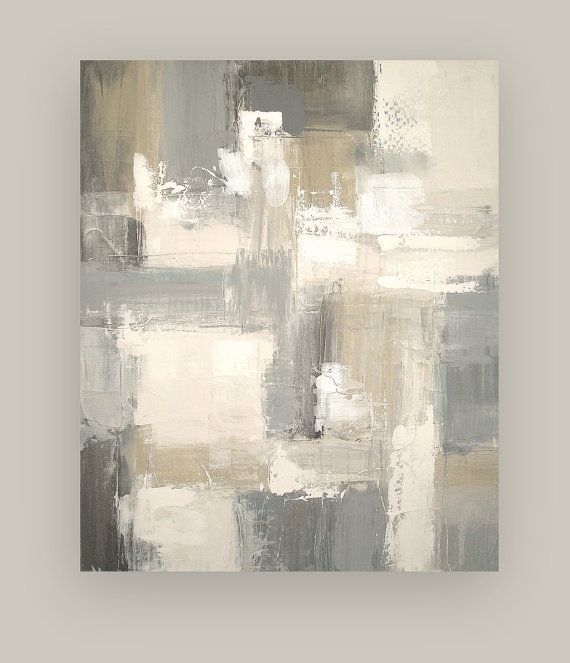 an abstract painting in grey and white on a wall with a chair next to it