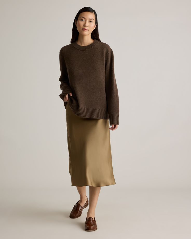 It's our classic crewneck sweater, supersized. With an extra-slouchy boyfriend fit, our cozy Mongolian Cashmere Oversized Crewneck Sweater is the quietly luxurious layer you've been looking for. We've upgraded it to be smoother, cozier, and more substantial than ever, with less pilling. Crafted in an indulgent medium-gauge cashmere knit with a wide-ribbed neckline and cuffs, it's the ultimate in coziness.  | Quince | Women's Mongolian Cashmere OverSized Crewneck Sweater in Brown, Size Large Quince Cashmere Sweater, Quince Cashmere, Reformation Sweater, Womens Cashmere Sweater, Plush Yarn, Cashmere Sweater Women, The Boyfriend, Oversized Crewneck, Late Fall