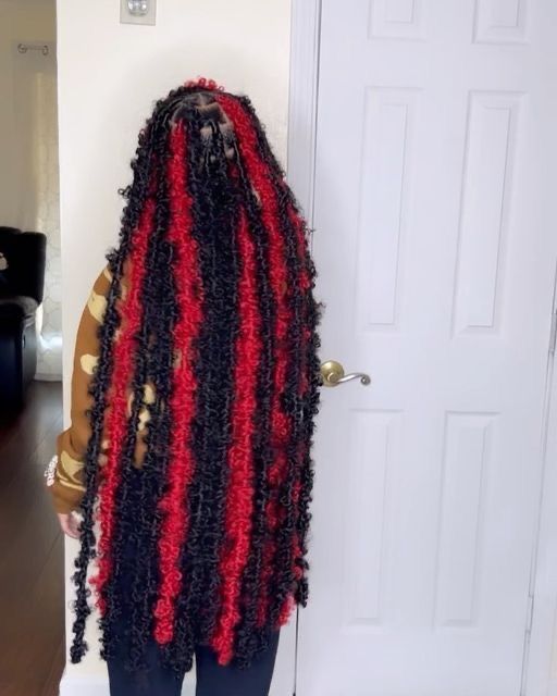 Red And Black Faux Locs Black Women, Black And Orange Butterfly Locs, Jumbo Extended Butterfly Locs, Ginger Butterfly Locs Long, Extended Butterfly Locs With Color, Red Butterfly Locs Black Women, Red And Black Peekaboo Soft Locs, Cotton Candy Butterfly Locs, Red And Blonde Butterfly Locs