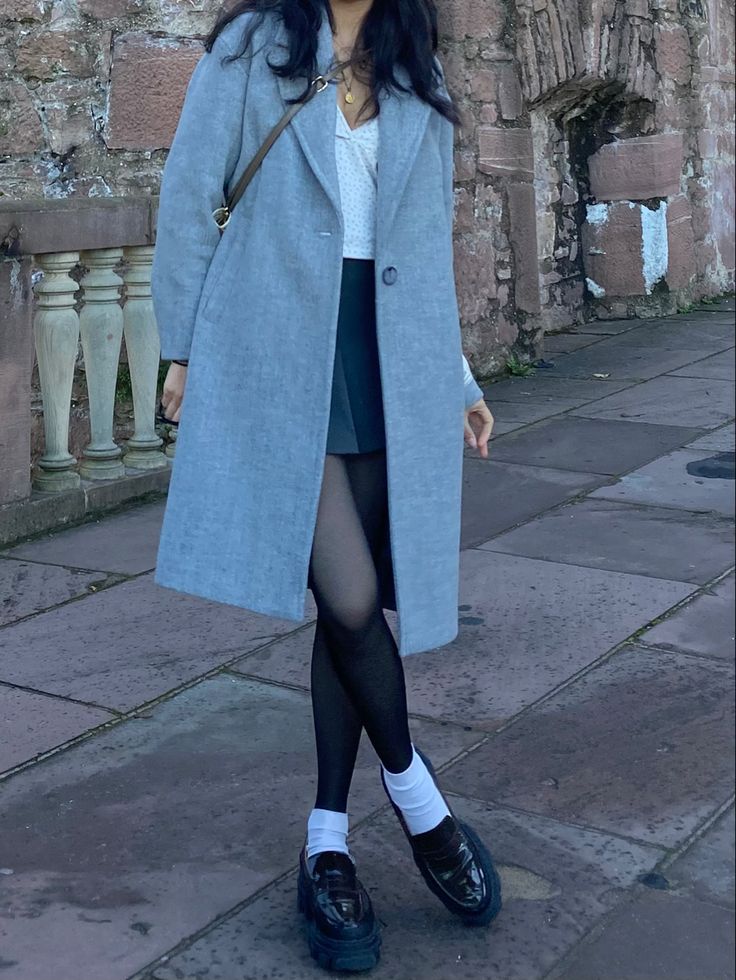 Wool Tights Outfit Winter, Coats With Skirts Outfit, Grey Coat Outfit Aesthetic, Grey Pleated Skirt Outfit Winter, Long Coat And Skirt Outfit, Long Skirt Outfits For Winter Coat, Grey Wool Coat Outfit Winter, Light Grey Wool Coat Outfit, Gray Overcoat Outfit Women