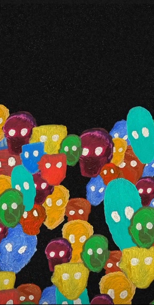 a painting of many different colored objects on a black background