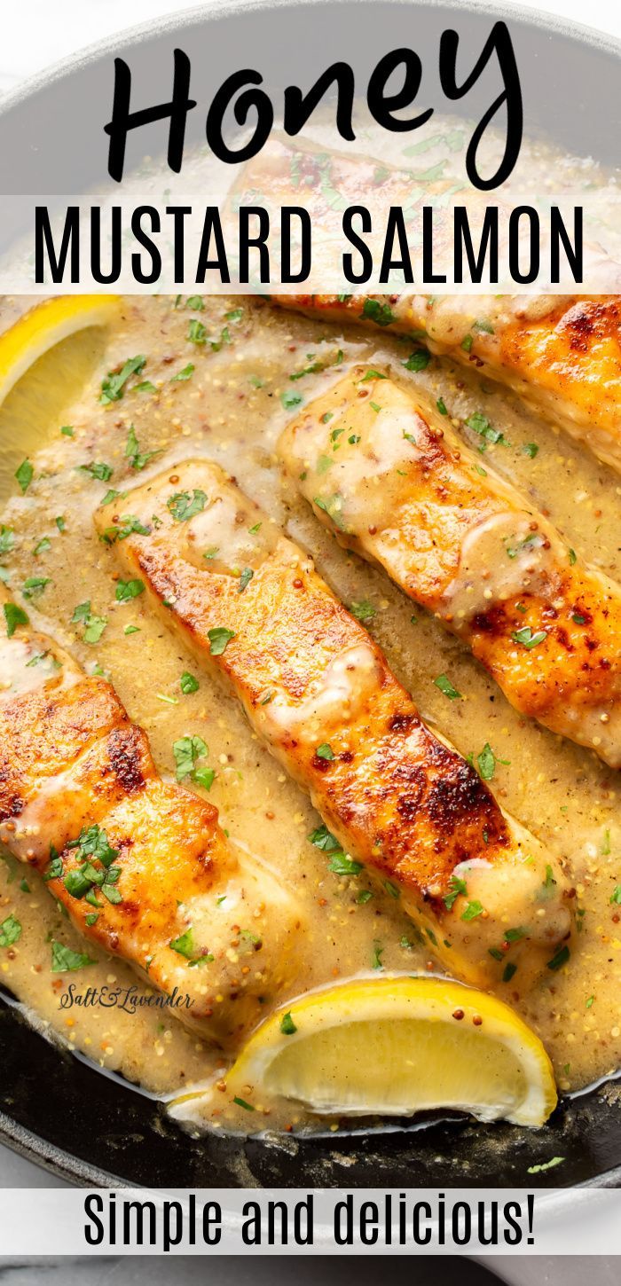 the recipe for honey mustard chicken is shown in a skillet with lemons and parsley