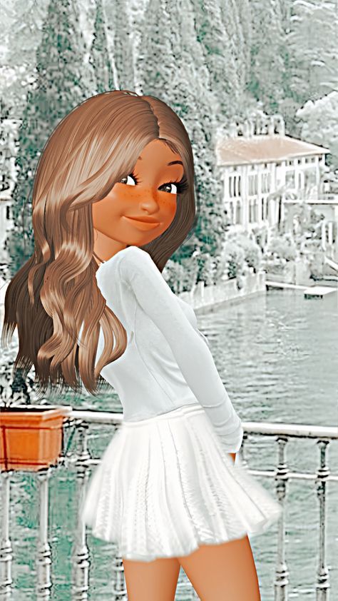 a girl with long hair standing on a balcony next to a body of water wearing a white dress