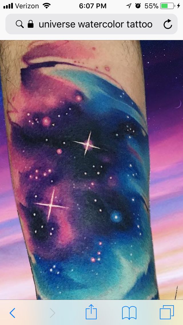 an arm tattoo with stars on it and the sky painted in purple, blue and green