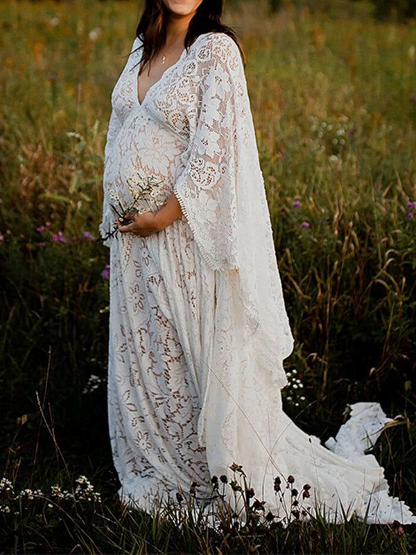 Momyknows Floral Lace Backless Boho Baby Shower Flare Sleeve Pregnant Maternity Photoshoot Maxi Dress Winter White Maternity Dress, Tulle Baby Shower, Gender Reveal Outfits, Maternity Sundress, Bump Ahead, Lace Cape, Baby Favors, Maternity Nursing Dress