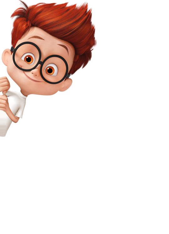 a cartoon boy with glasses peeking out from behind a white wall and pointing at something