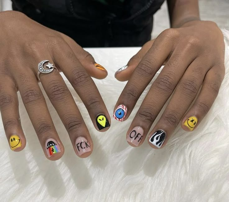 Mail Designs Men, Smiley Face Nails Men, Random Nail Art Designs, Cool Nail Designs For Short Nails Men, Fun Acrylic Nails Designs Short, Short Nail Designs Guys, Short Masculine Nail Art, Short Nail Designs For Men, Simple Nail Designs For Men