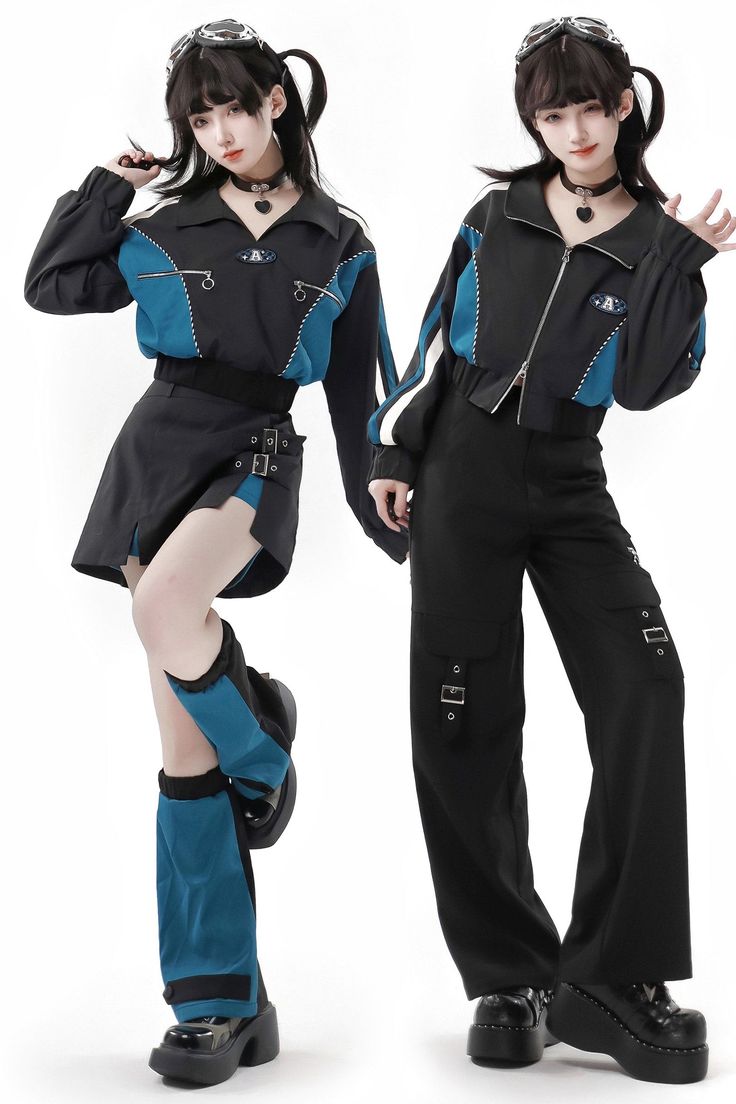 ❤︎Blue And Black Top + Jacket + Split Pants + Leg Cover + Skirt❤︎ Black Techwear, Split Pants, Crop Top Jacket, Steampunk Fashion Male, Ladies Short Jackets, Gothic Skirts, Edgy Aesthetic, Chiffon Shorts, Outfits Y2k