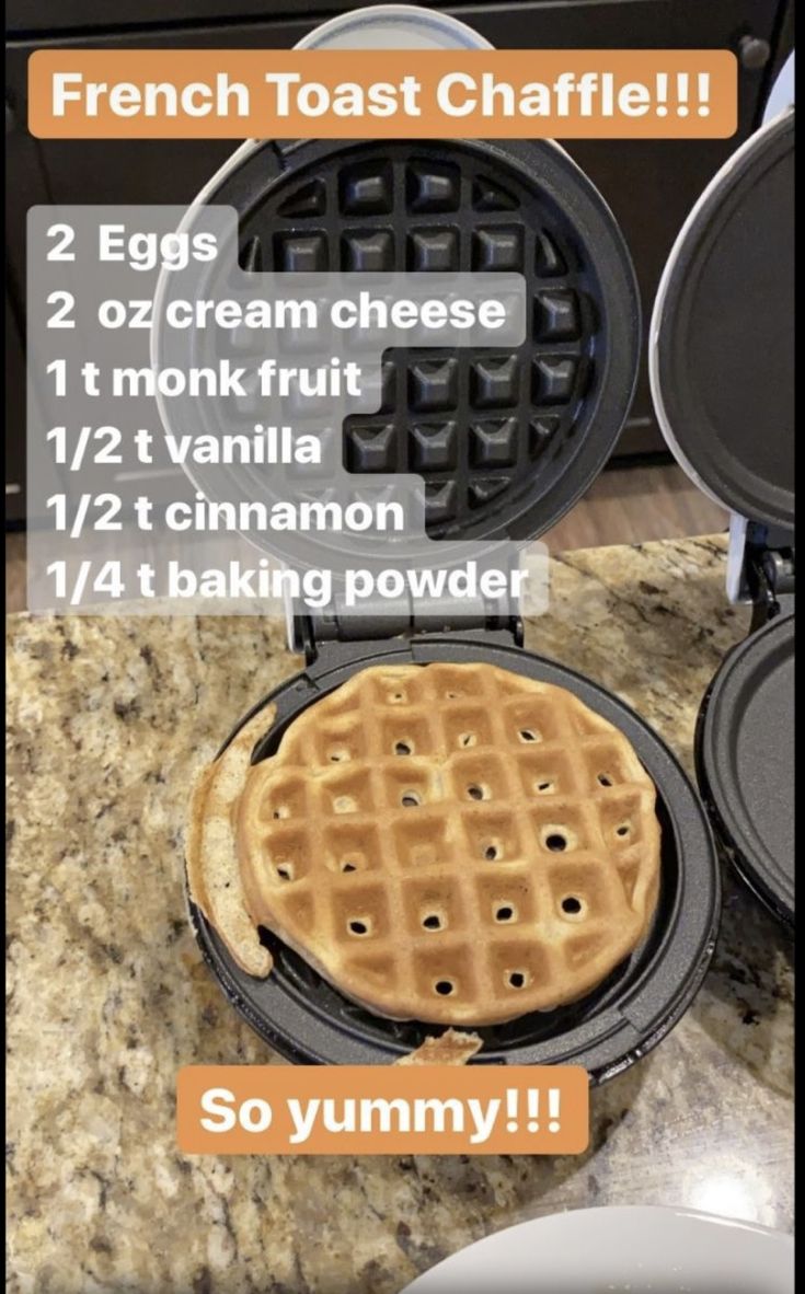 two waffles sitting on top of a counter next to each other with the words french toast chaffle