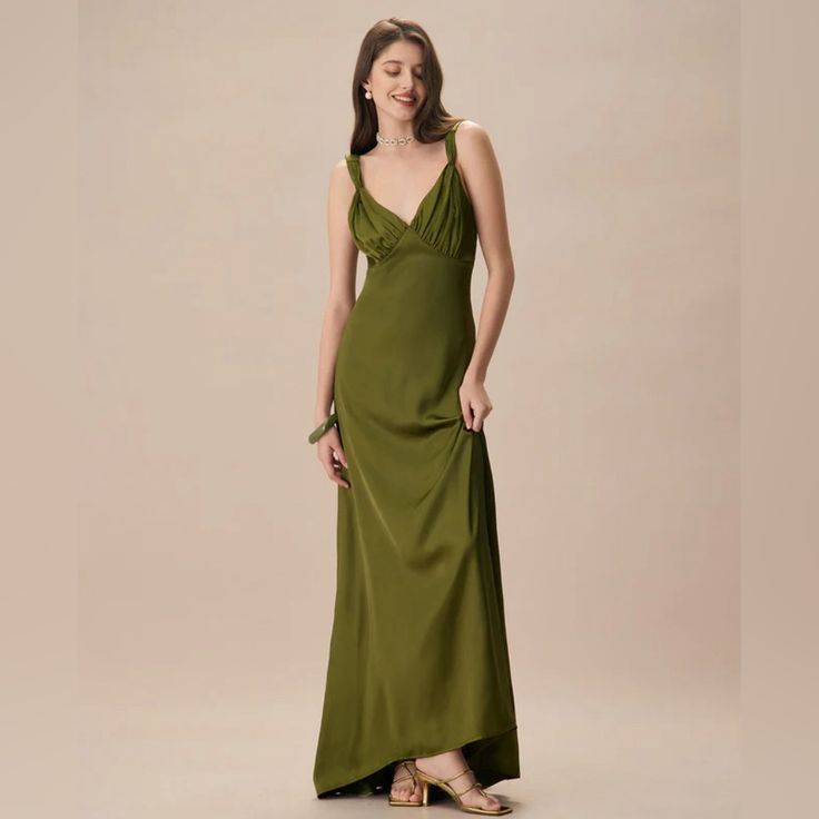 Details: - Occasion: Special Occasion - Fabric Stretch: No Stretch - Waist: High Waisted - Dress Type: Sheath Dress - Silhouette: A-Line - Fabric: Polyester 97.0%, Spandex 3.0% - Lining: Polyester 100.0% - Material: Satin Description: This Exquisite Maxi Dress Features A Deep V Neckline, Adding A Touch Of Sophistication While Accentuating The Dcolletage. The Ruched Detailing Throughout The Dress Provides A Flattering Fit And Elegant Texture, Enhancing The Overall Silhouette. No Defects Such As T Sets Outfit, Elegant Texture, Ruched Maxi Dress, Green Dresses, High Waist Dress, Satin Maxi, Satin Maxi Dress, Maxi Dress Green, Dress Silhouette