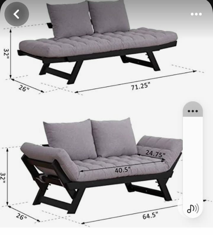 the measurements for a futon sofa and chair are shown in two different positions, one with