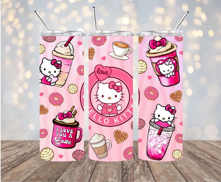 two hello kitty tumblers with pink frosting and donuts on them, one in the