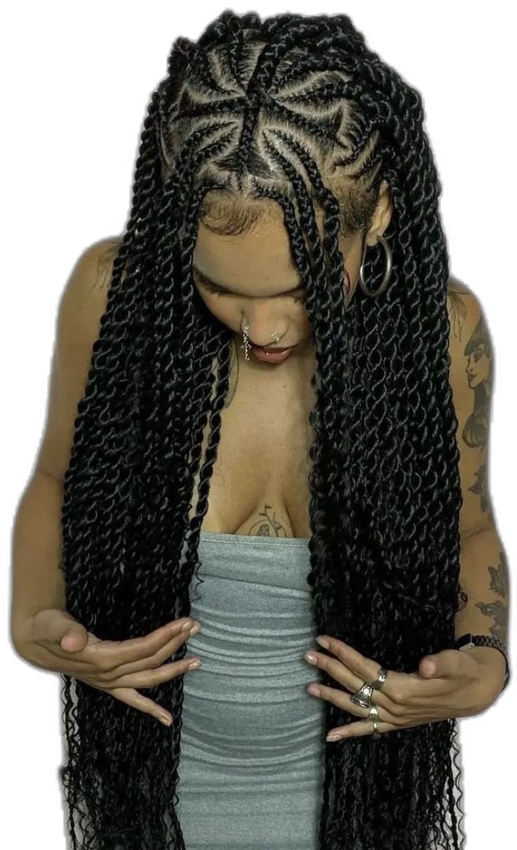 Braid Ideas For Black Women Cornrows, Goddess Braid Cornrows, Goddess Braids With Design, Unique Braids Black Women, Passion Twist With Cornrows, Braided Hairstyles For Round Faces Black Women, Brazilian Braids Hairstyles, Cornrows To Twists, Cornrow Passion Twist