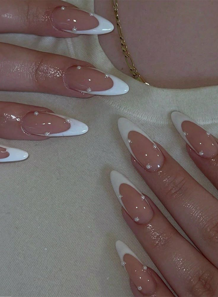 Free ReturnsFree Shipping24PCS medium Almond Press on nails white French False nail 3d pearl jewel fake Nails for WomenGirlsPress On Nails at SHEINlong nail designs Press On Nails White, Nails White French, Ongles Gel French, Gold Gel Nails, White Almond Nails, White French Nails, Almond Nails French, Long Almond Nails, Engagement Nails