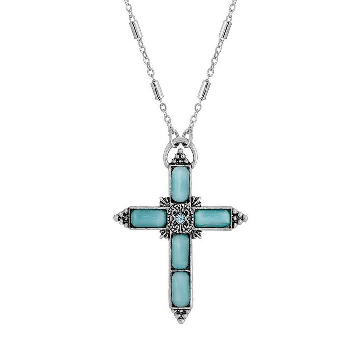 This silver-tone and aqua cross necklace is a spiritual fashion statement! This silver-tone and aqua cross necklace is a spiritual fashion statement! NECKLACE DETAILS Pendant length: 2 in. Chain length: 20 in. Clasp: lobster-claw Metal: alloy Plating: silver tone Finish: polished Stone: moonstone Not appropriate for children 14 years old and younger. Size: One Size. Color: Blue. Gender: female. Age Group: adult. Material: Silver Plate. Turquoise Cross Necklace, Spiritual Fashion, Cross Necklace Women, Bff Necklaces, Turquoise Cross, Blue Cross, Wedding Accessories Jewelry, Cross Jewelry, Blue Gender