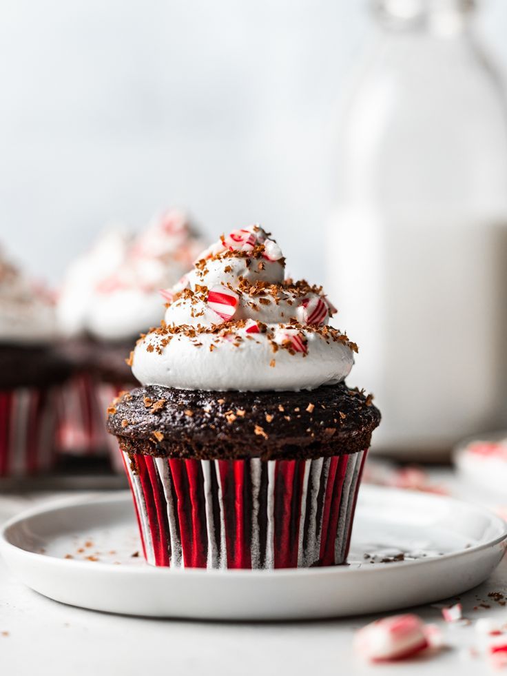 a chocolate cupcake with white frosting and sprinkles on a plate