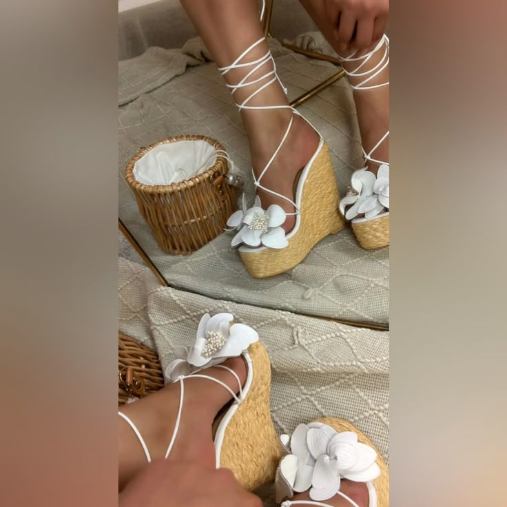 These Wedges Are Very Comfortable, Never Worn Features A Cross In The Front With Additional Wrapping Around The Ankle. Wear With A Cute Summer Dress Or Simple Shorts And White Tee! Cutsey Outfits, Flower Heels, Pretty Heels, Dr Shoes, Cute Shoes Heels, Fancy Shoes, Cute Heels, Girly Shoes, Shoe Inspo