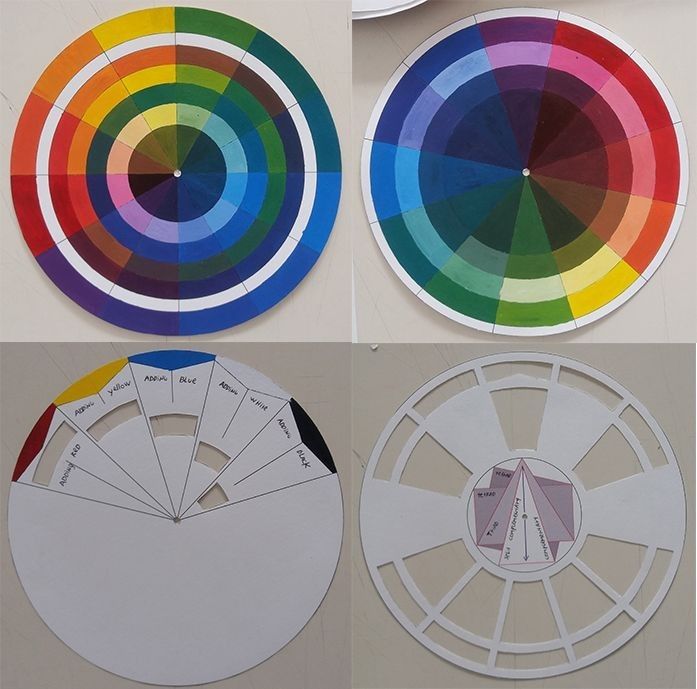 four different color wheel pictures with one showing the colors in each circle and the other showing what they are doing