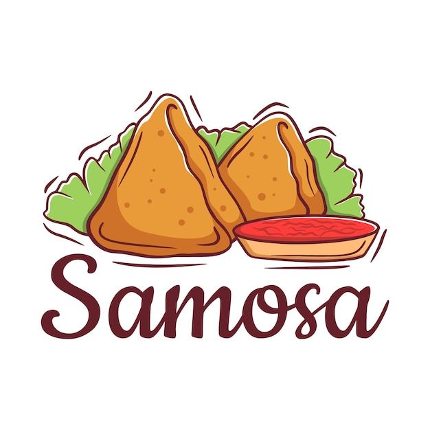 samosa with lettuce and ketchup on the side, hand drawn illustration