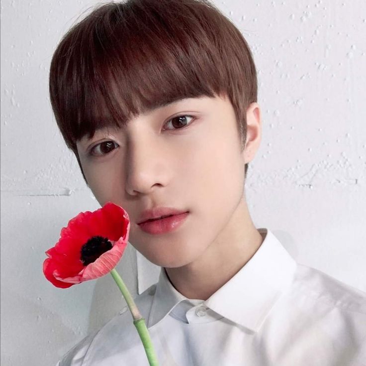 a young man holding a red flower in his hand