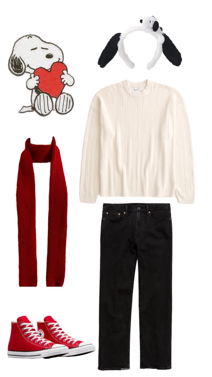 a white sweater, black jeans and red shoes