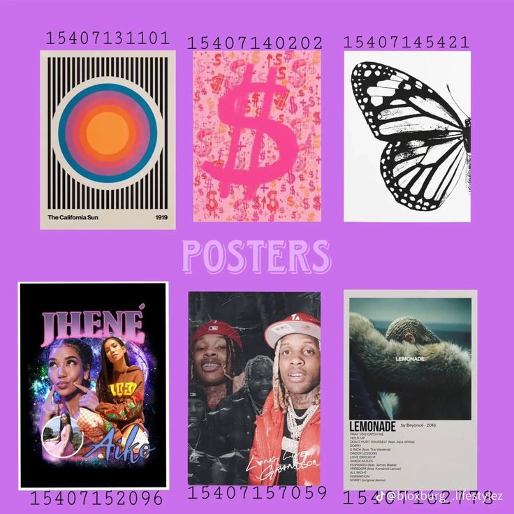 there are many different posters on this purple poster board with the names and numbers below them