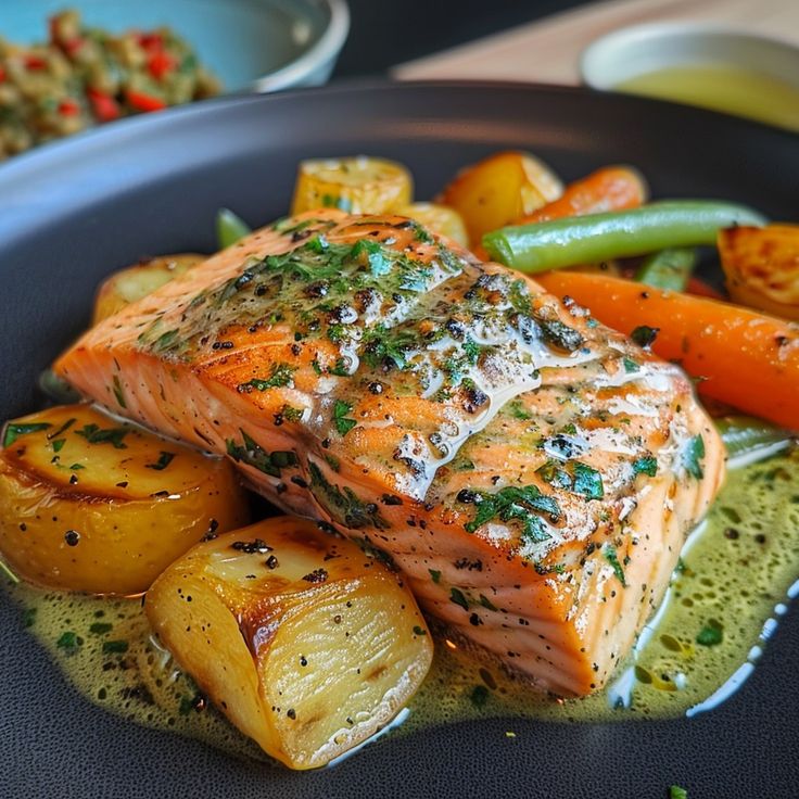 a plate with salmon, potatoes and carrots on it