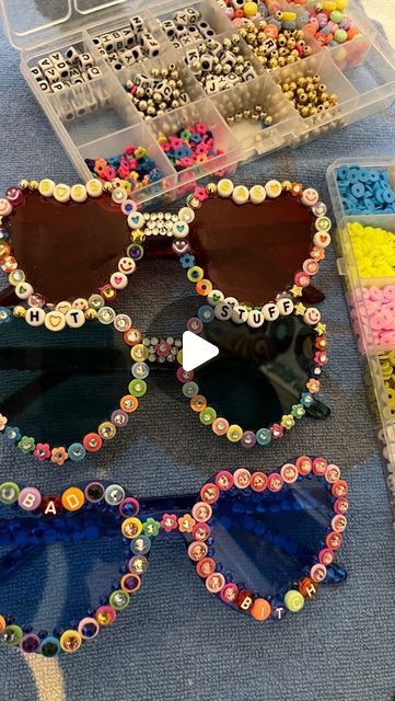 the sunglasses are made out of beads and other things that have been put on them