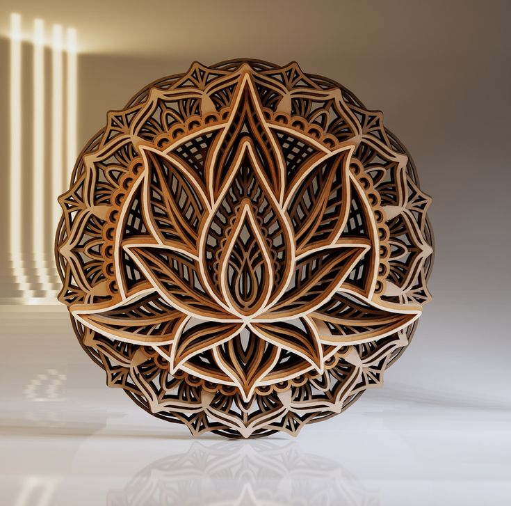 an intricately designed wooden object on a white surface