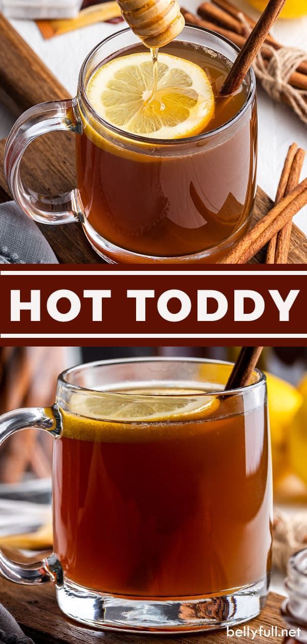 hot toddy in a glass mug with cinnamon and lemon