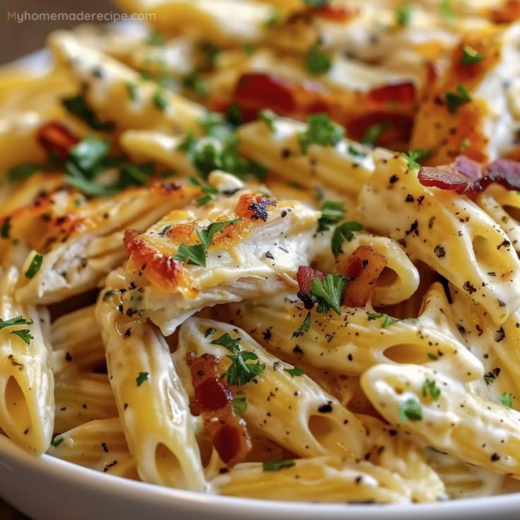 pasta with bacon, cheese and parsley in a white bowl