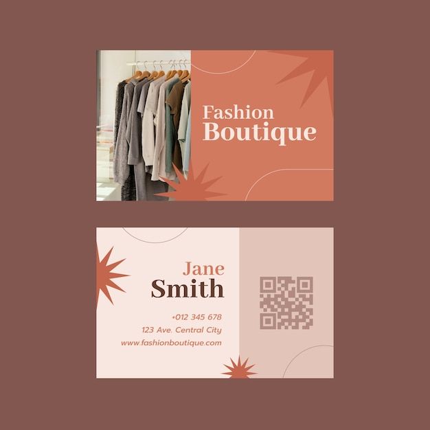 two business cards with clothes on hangers and the words fashion boutique written below them