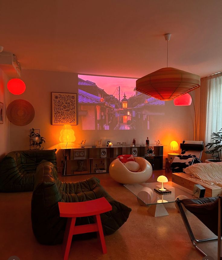 a living room filled with lots of furniture next to a large window covered in red lights