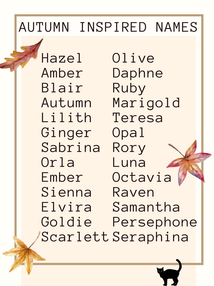 an autumn inspired names poster with leaves and a black cat in the center, on a beige background