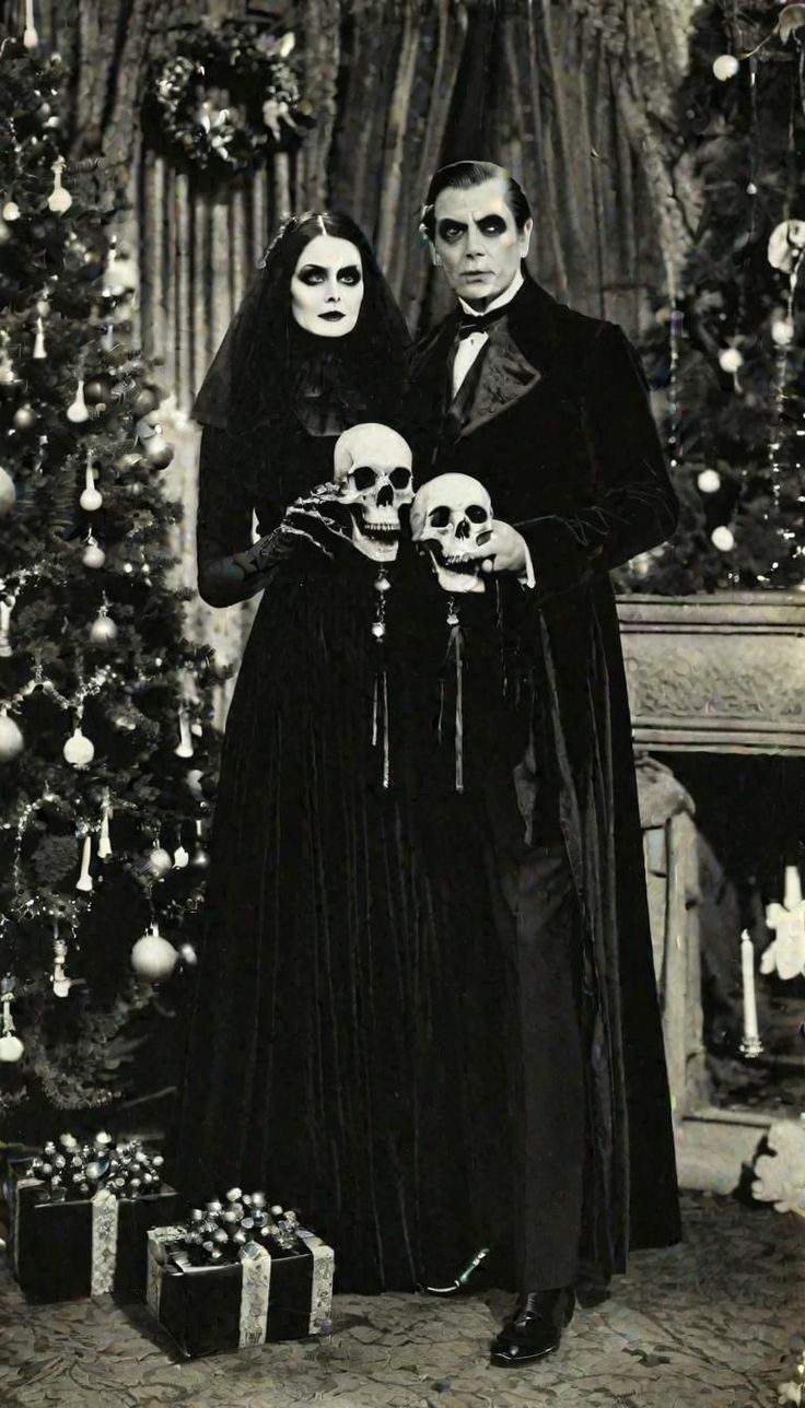 an old black and white photo of two people dressed up as dracula and his bride