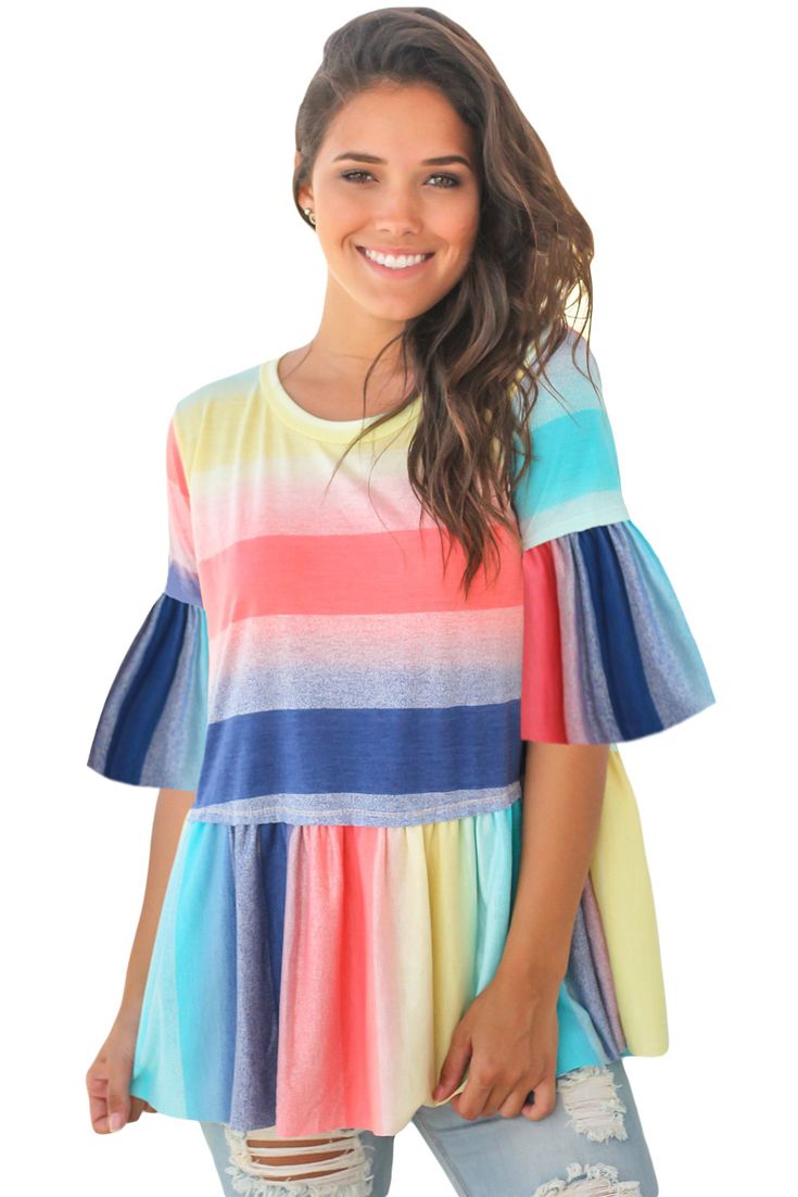 Bright Multicolor Striped Flared Tunic Top Tunic Tops Summer, Tops Online Shopping, Plus Size Peplum, Cheap Womens Fashion, Body Lingerie, Cheap Blouses, Bright Stripes, Pretty Blouses, Mode Design