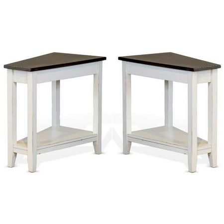 a pair of white and brown end tables